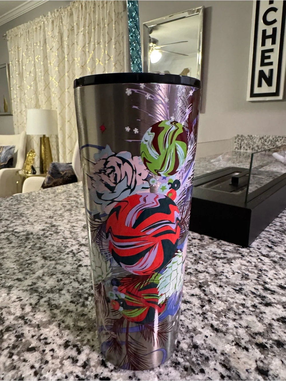 Starbucks Silver Stainless Travel Tumbler with Multicolor Star Accents